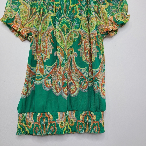 INC Top Blouse Short Sleeve Scoop Neck Smocked Green Ruffled Size Medium … - Picture 12 of 14